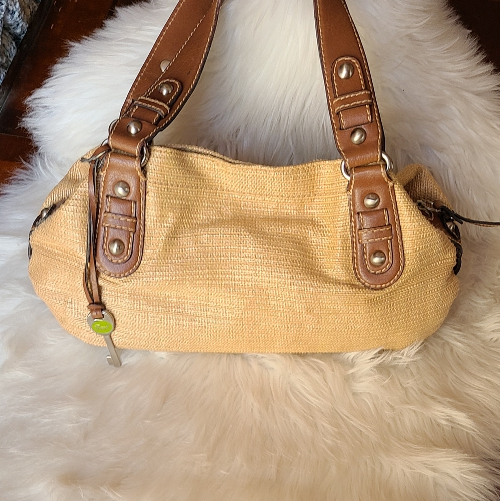 Fossil Woven Straw & Leather Trim Bag Gem